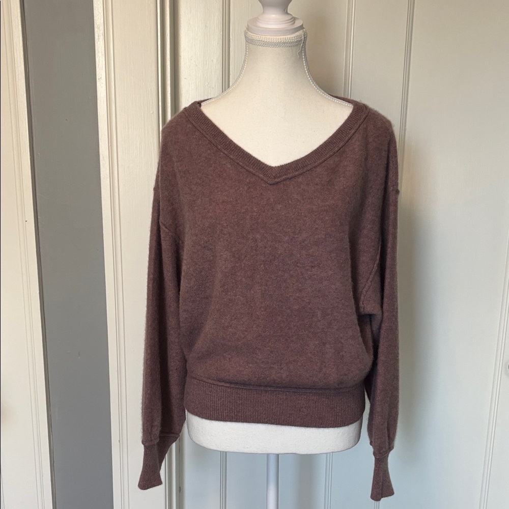 Free People V-Neck Cashmere Sweater in Warm Brown